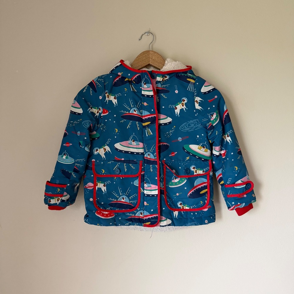 Mini Boden Space Print Sherpa-Lined Coat Size 5-6